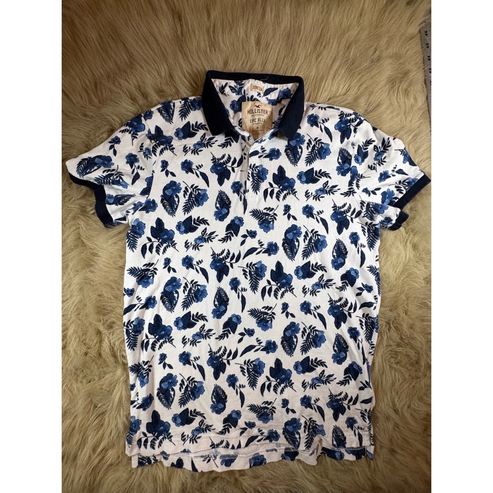 Hollister Epic Flex Stretch Polo Shirt Men's Medium Blue Floral Short Sleeve